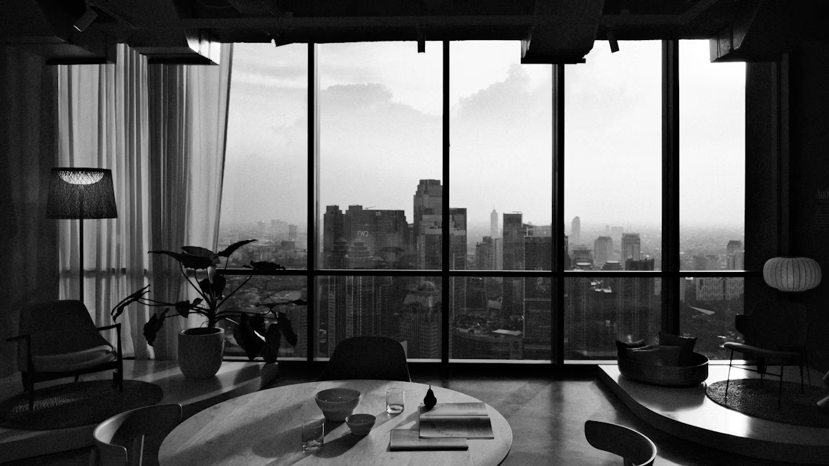 Modern office space with large windows overlooking the city